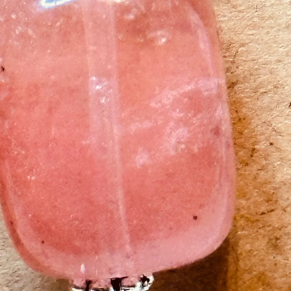 Stainless Steel Wide Hook Earrings Cherry Quartz & Clear Quartz Handmade - Picture 6 of 15